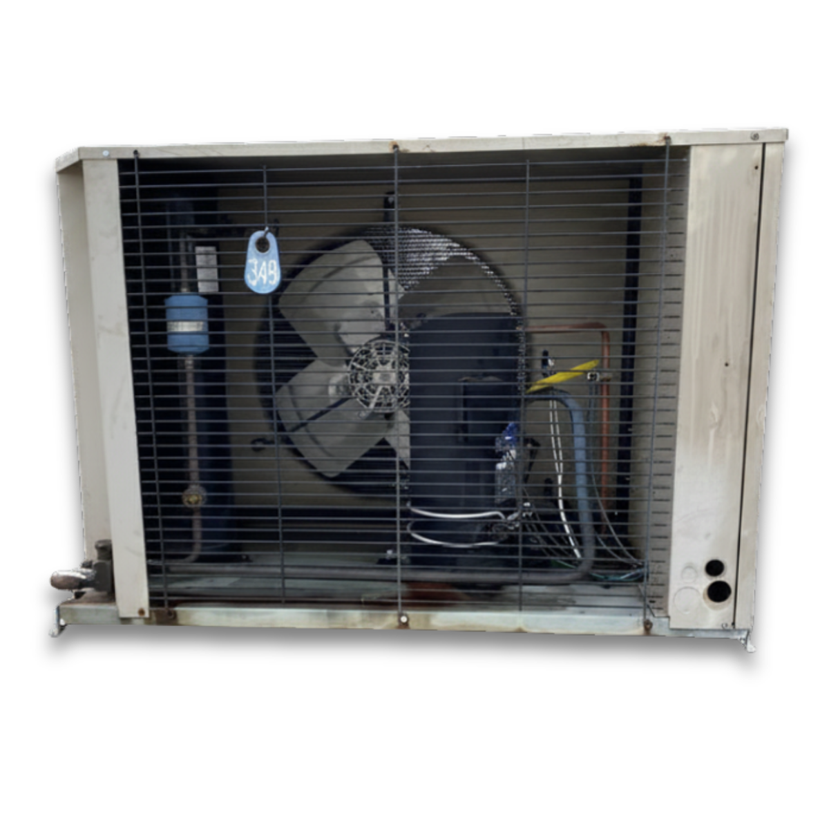 Used Bohn MOZ055M64C 5.5 HP Condensing Unit #349 — supplier gallery view 2; Beige condensing unit front showing the interior.