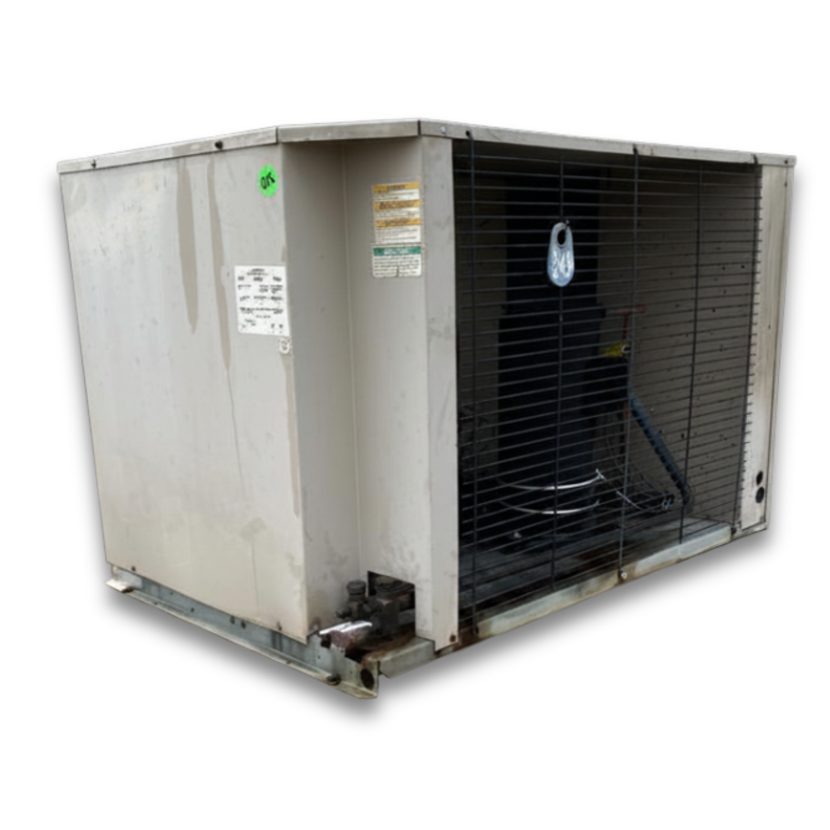 Used Bohn MOZ055M64C 5.5 HP Condensing Unit #349 — supplier gallery view 1; Beige condensing unit front side view showing labels.