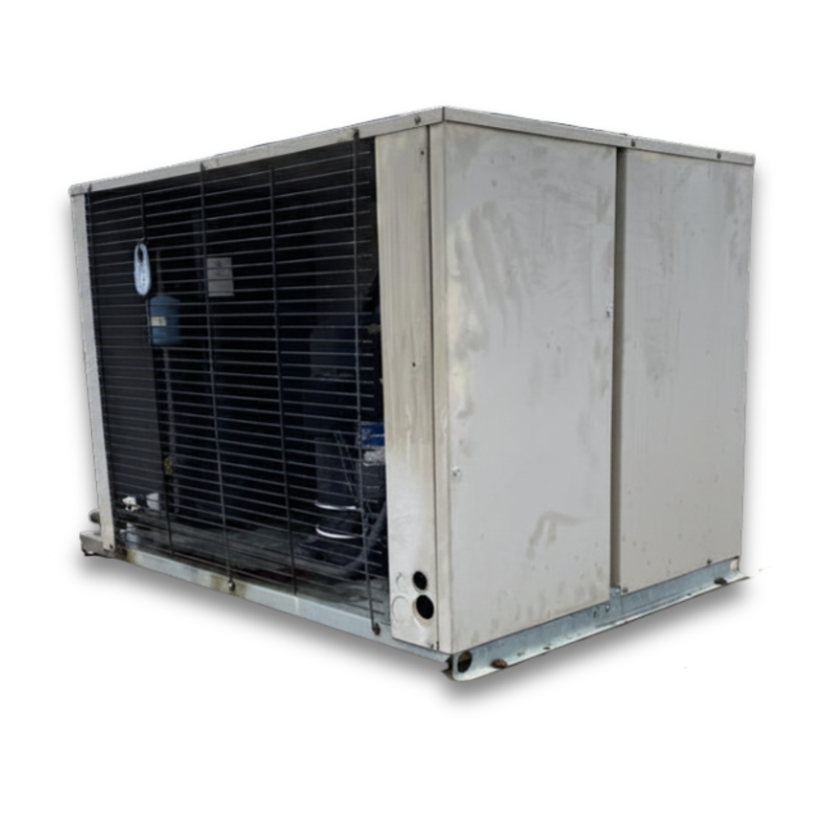 Used Bohn MOZ055M64C 5.5 HP Condensing Unit #349 — supplier gallery view 3; Beige condensing unit front side view showing labels.