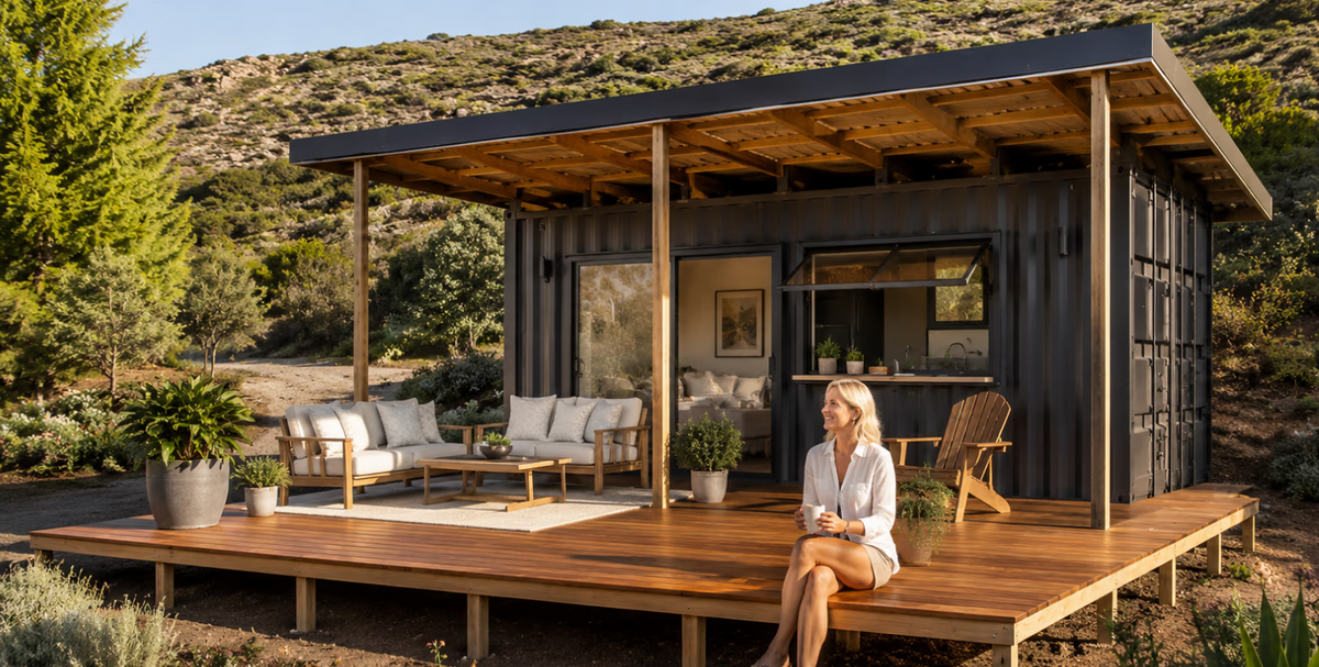 The Tiny — 6m High Cube Studio Home with Roof, Deck & Foundations — supplier gallery view 1; Styled render of The Tiny with its covered deck at golden hour