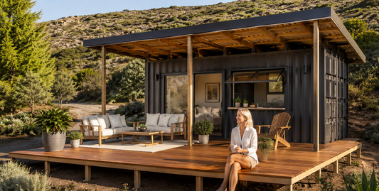 The Tiny — 6m High Cube Studio Home with Roof, Deck & Foundations — supplier gallery view 1; Styled render of The Tiny with its covered deck at golden hour
