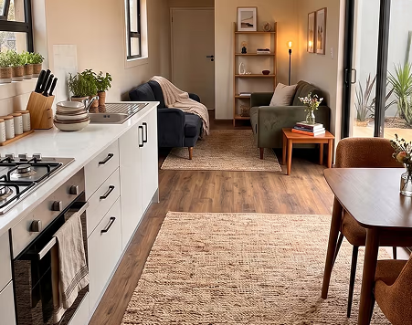 The Den — 12m Container Home with Roof, Deck & Foundations — supplier gallery view 3; The Den's open-plan kitchen and living area, finished and furnished