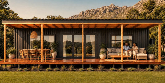 The Independent — Two-Bedroom Double 12m Container Home — supplier gallery view 1; Styled render of The Independent, its full-length covered deck facing the mountains