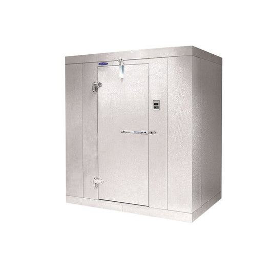 Norlake FT610-X Fast Trak 6' x 10' x 6' 7" Indoor Walk-In Cooler (Box Only) — supplier gallery view 1; A white metal Norlake walk-in cooler box with a door open.