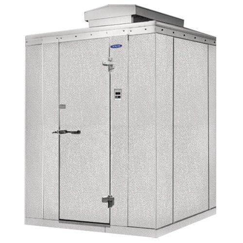 Norlake KODB771014-C Kold Locker 10' x 14' x 7' 7" Outdoor Walk-In Cooler — supplier gallery view 1; A white metal Norlake Kold Locker walk-in cooler with the door open.