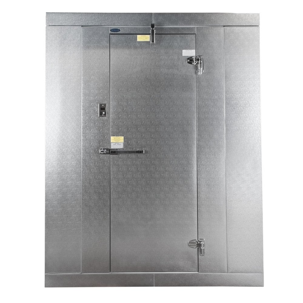 Norlake KLB7488-C KL2 2 Day Kold Locker 8' x 8' x 7' 4" Indoor Walk-In Cooler without Floor — supplier gallery view 2; A silver metal door with a stainless steel handle and lock.