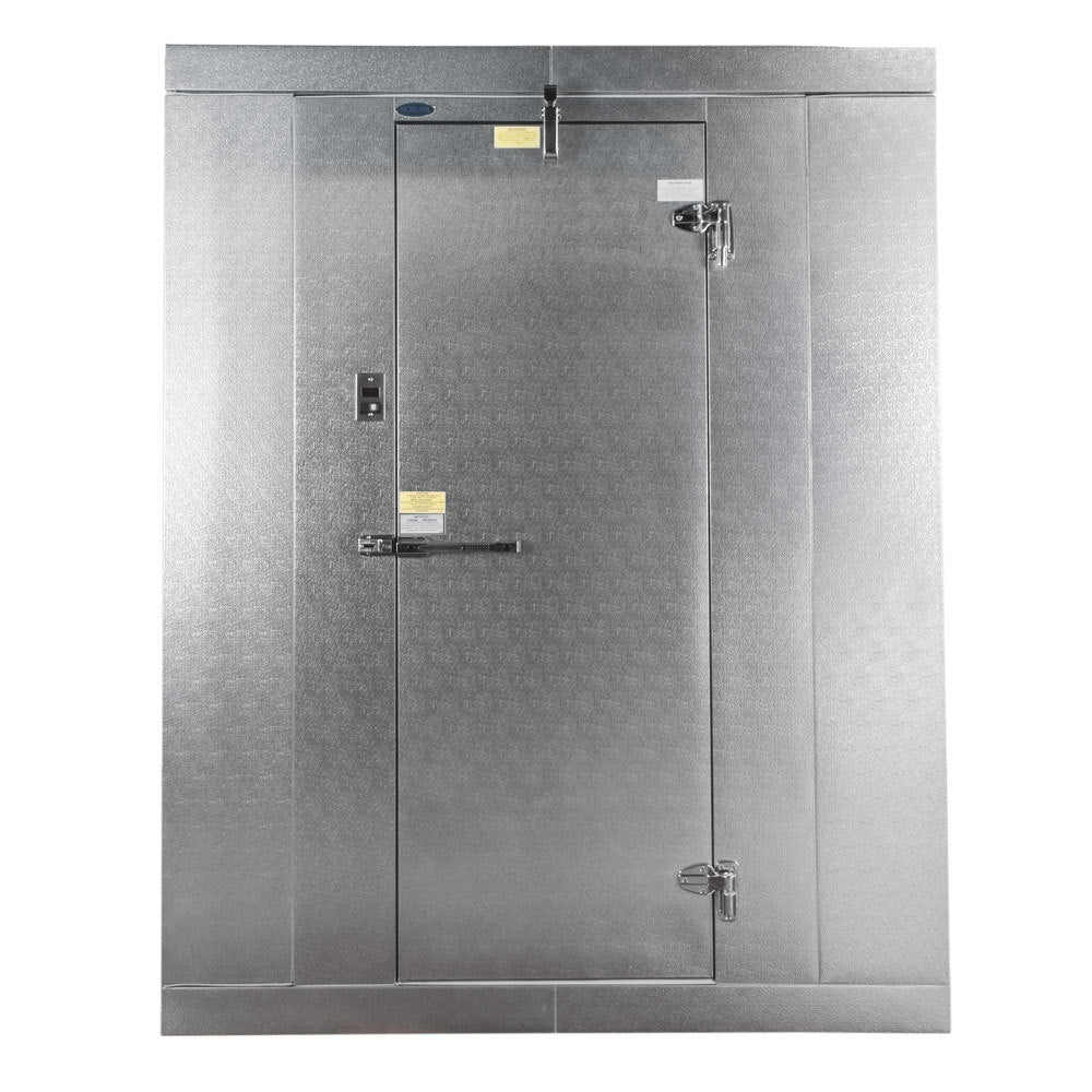 Norlake KLB77812-C Kold Locker 8' x 12' x 7' 7" Indoor Walk-In Cooler — supplier gallery view 2; A silver metal door with a stainless steel handle and lock.