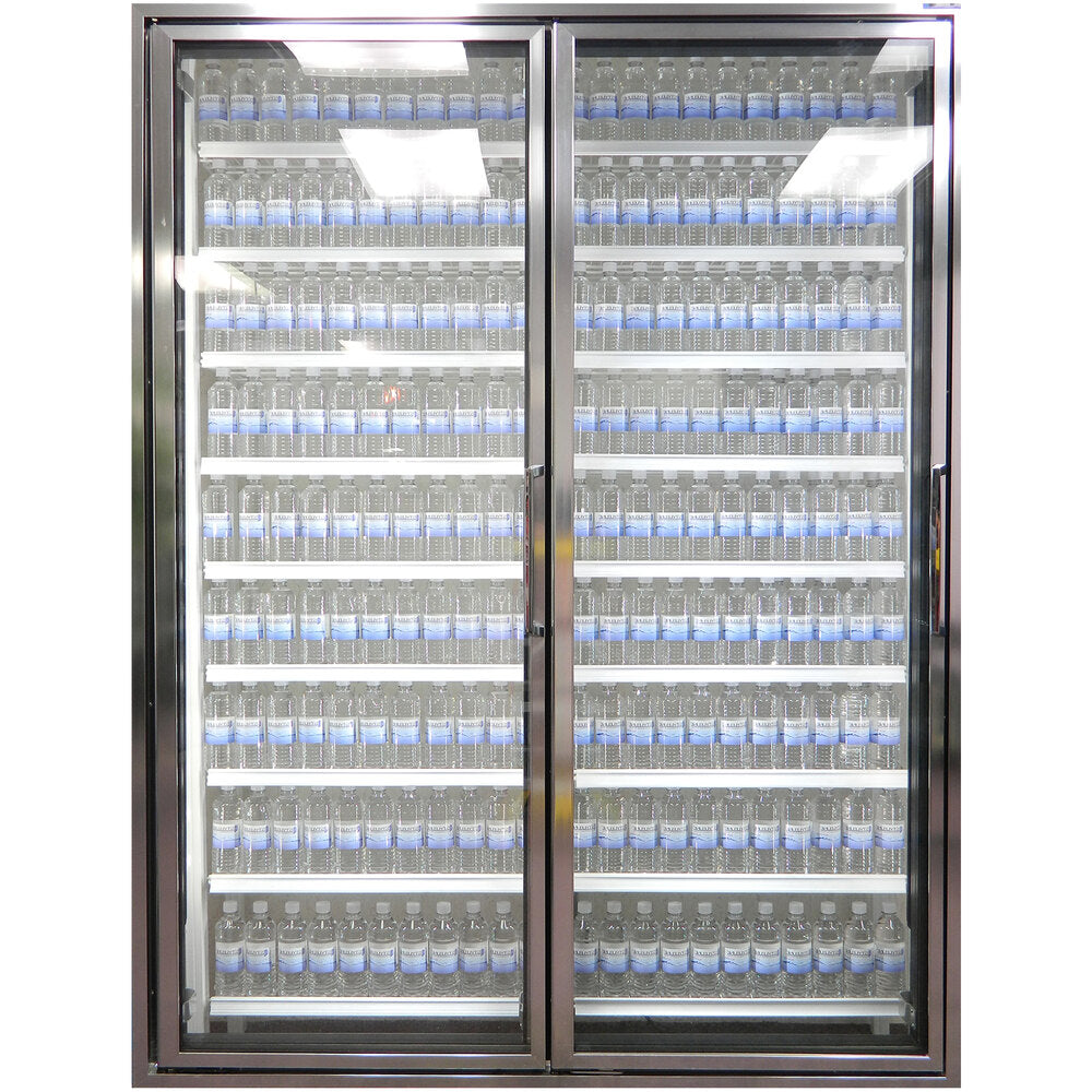 Styleline CL2472-NT Walk-In Merchandiser Doors with Shelving — supplier gallery view 9; A Styleline walk-in cooler merchandiser door with shelving holding water bottles.