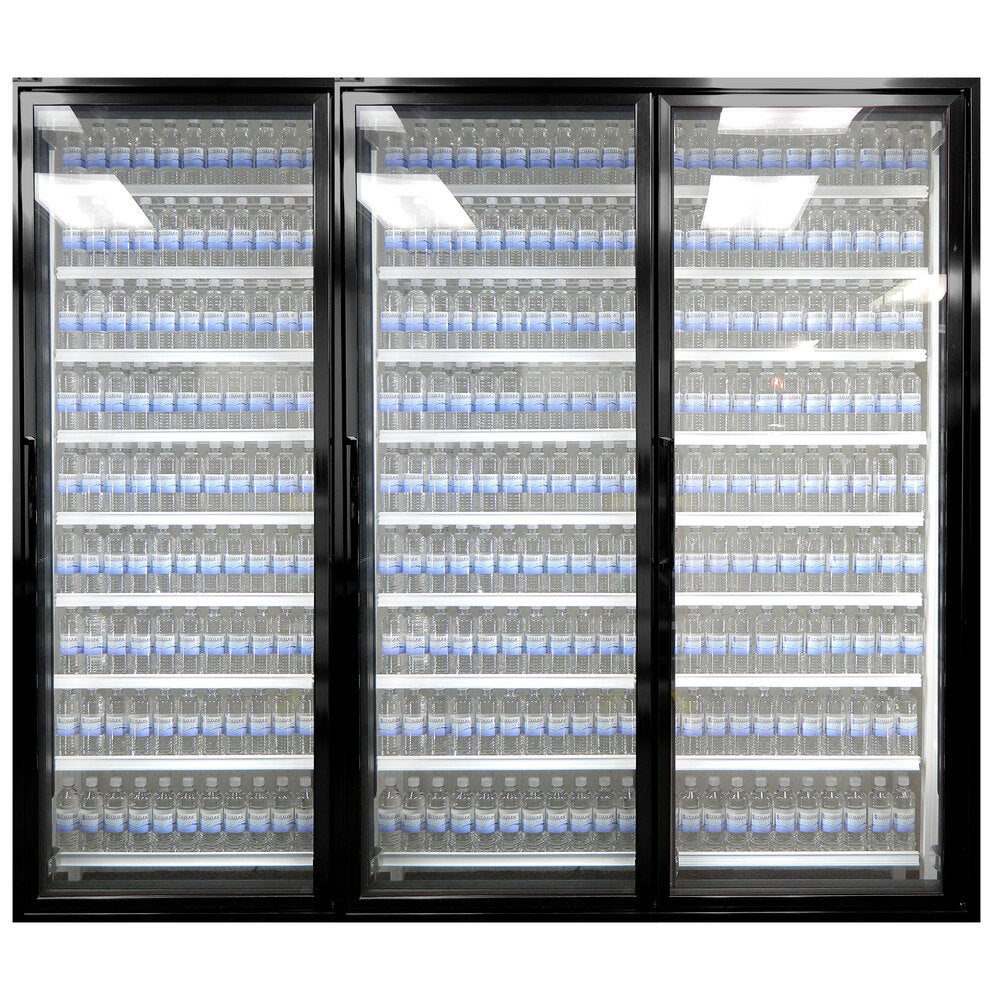Styleline CL3072-NT Walk-In Merchandiser Doors with Shelving — supplier gallery view 18; A Styleline walk-in cooler door with shelving full of water bottles.
