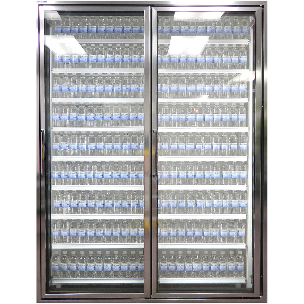 Styleline CL3072-NT Walk-In Merchandiser Doors with Shelving — supplier gallery view 9; A Styleline Classic Plus walk-in cooler door with a glass window and shelving holding bottles of water.