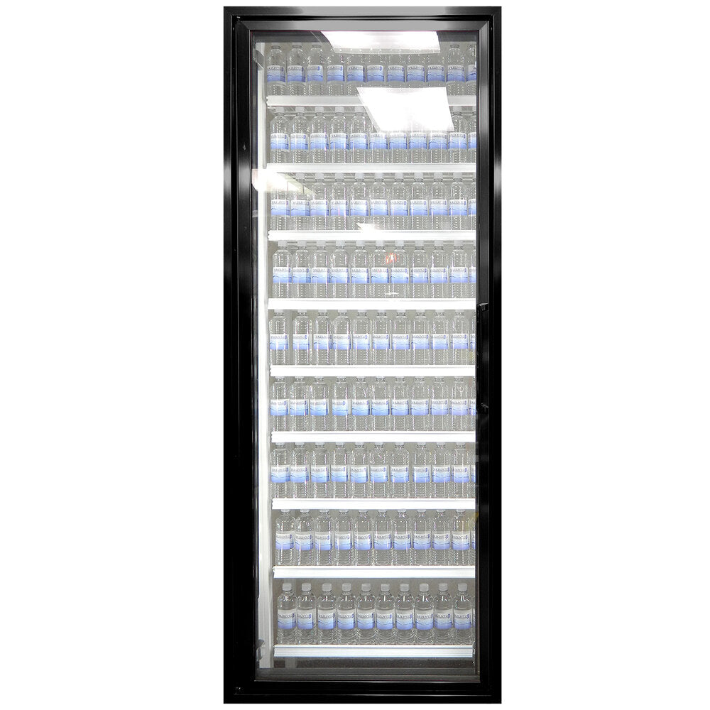 Styleline CL3080-NT Walk-In Merchandiser Doors with Shelving — supplier gallery view 5; A black Styleline glass door for a walk-in cooler with shelving holding water bottles.