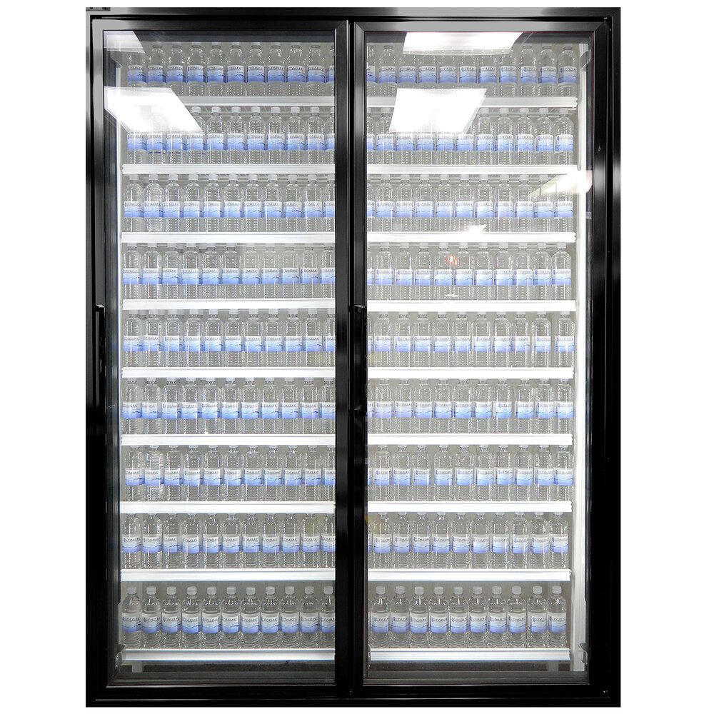 Styleline CL2472-HH Walk-In Merchandiser Doors with Shelving — supplier gallery view 17; A Styleline walk-in cooler door with shelving filled with water bottles.