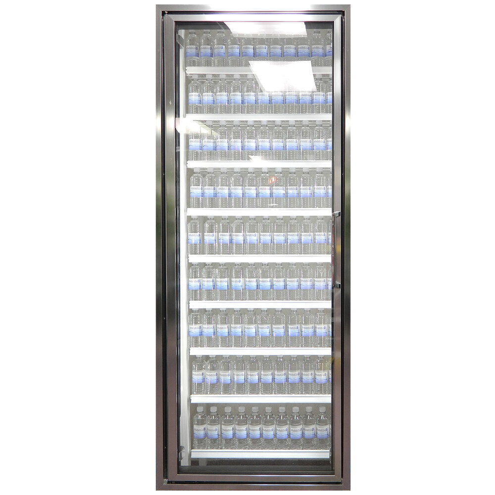 Styleline CL2472-HH Walk-In Merchandiser Doors with Shelving — supplier gallery view 1; A Styleline walk-in cooler glass door with shelving holding water bottles.