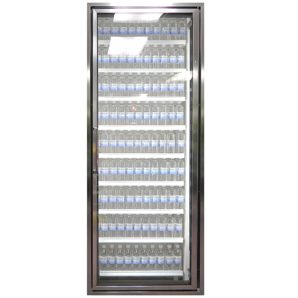 Styleline CL2472-HH Walk-In Merchandiser Doors with Shelving — supplier gallery view 2; A Styleline walk-in cooler merchandiser door with shelves full of water bottles.