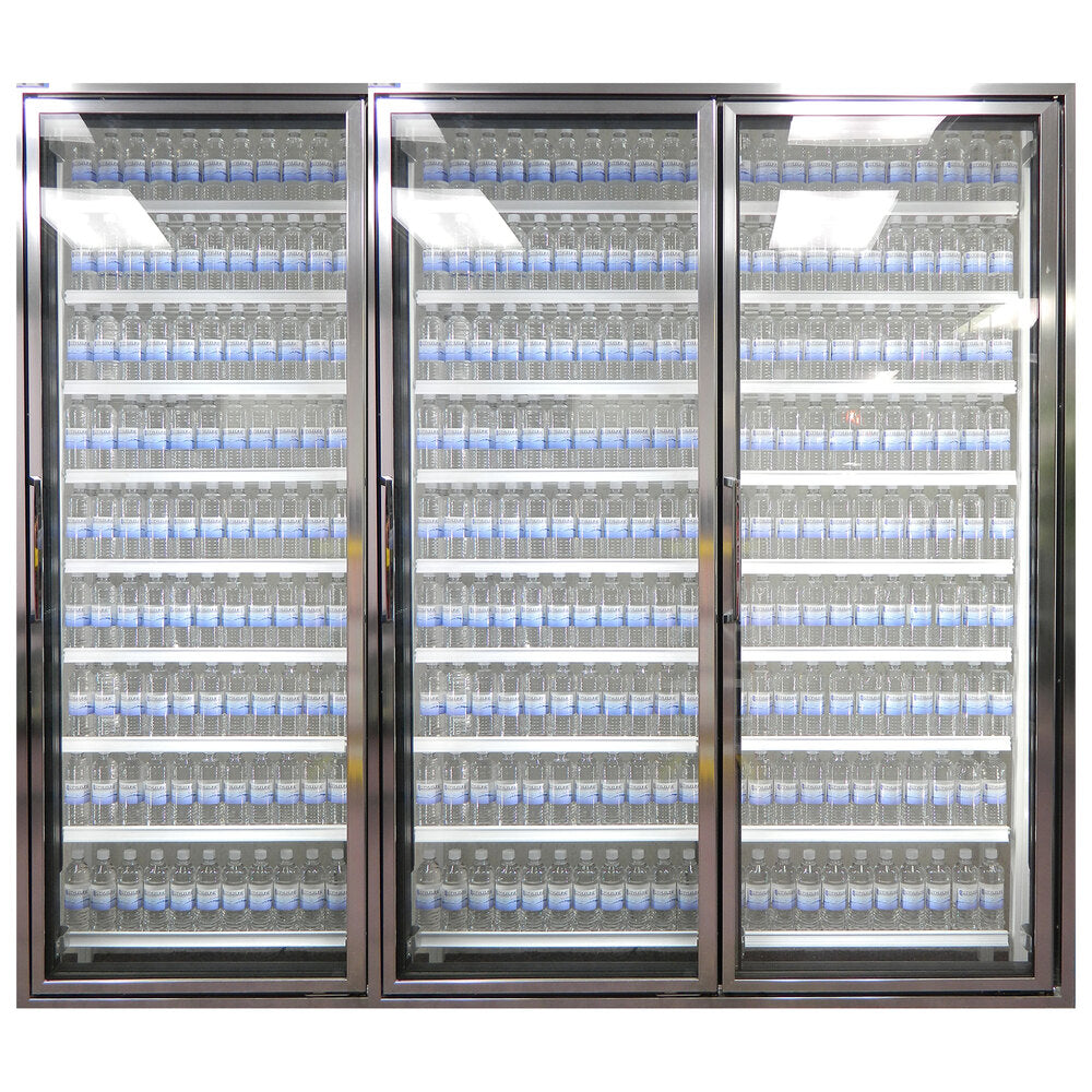 Styleline CL2472-HH Walk-In Merchandiser Doors with Shelving — supplier gallery view 10; Styleline walk-in cooler doors with shelving holding water bottles.