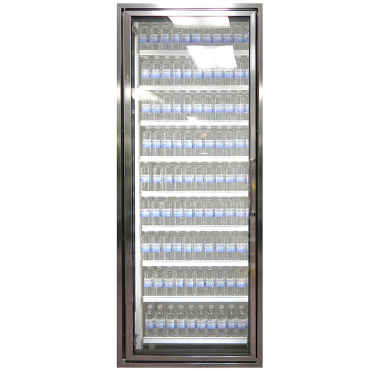 Styleline CL3080-NT Walk-In Merchandiser Doors with Shelving — supplier gallery view 1; A Styleline walk-in cooler door with shelves holding water bottles.