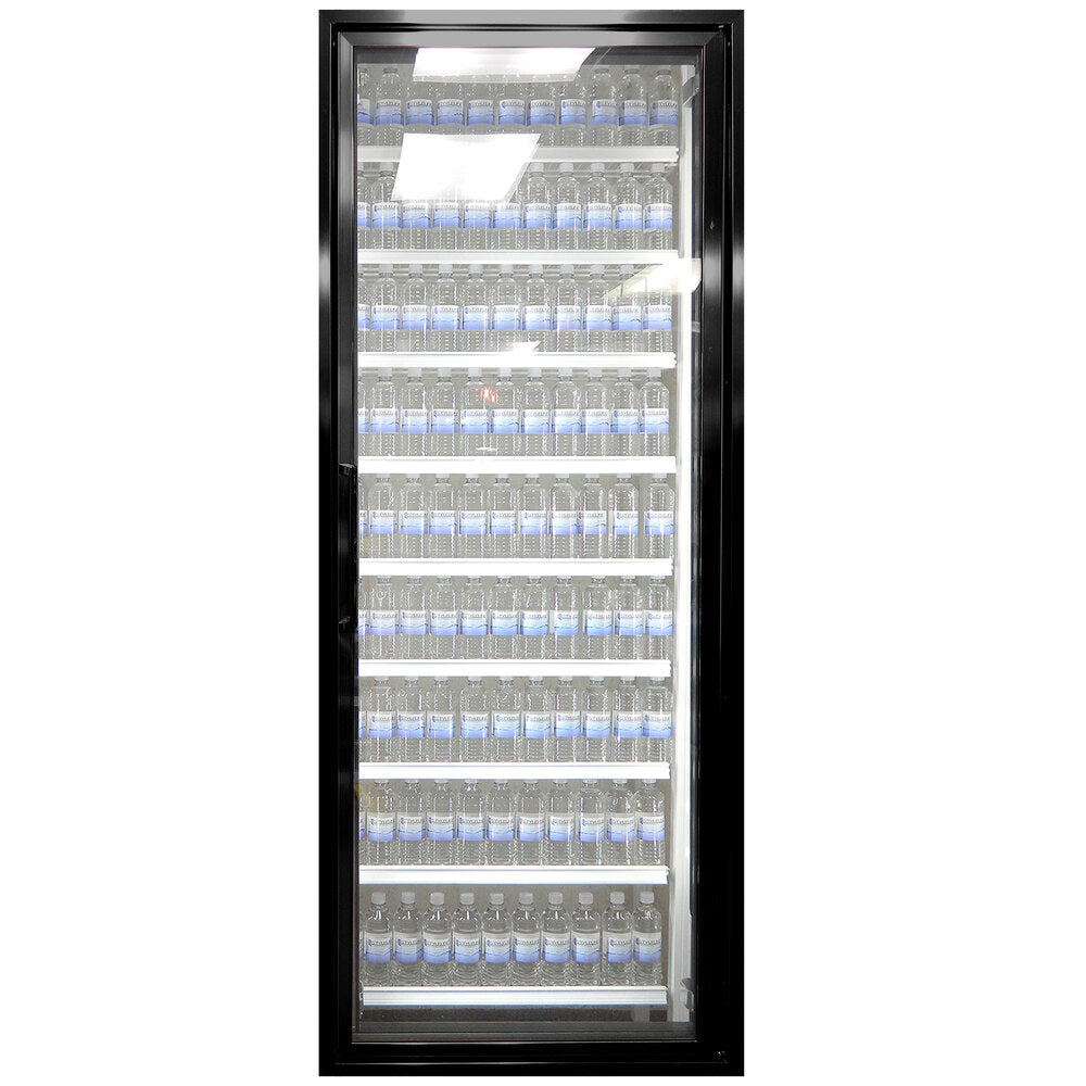 Styleline CL2672-HH Walk-In Merchandiser Doors with Shelving — supplier gallery view 6; A white Styleline walk-in cooler door with shelving holding blue bottles of water.