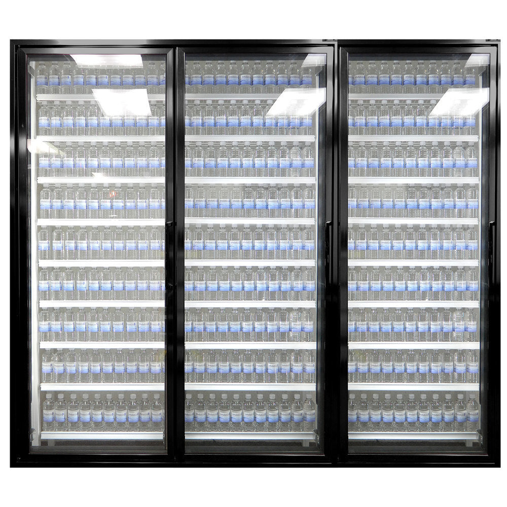Styleline CL3072-HH Walk-In Merchandiser Doors with Shelving — supplier gallery view 16; Styleline walk-in cooler merchandiser doors with shelving filled with water bottles.