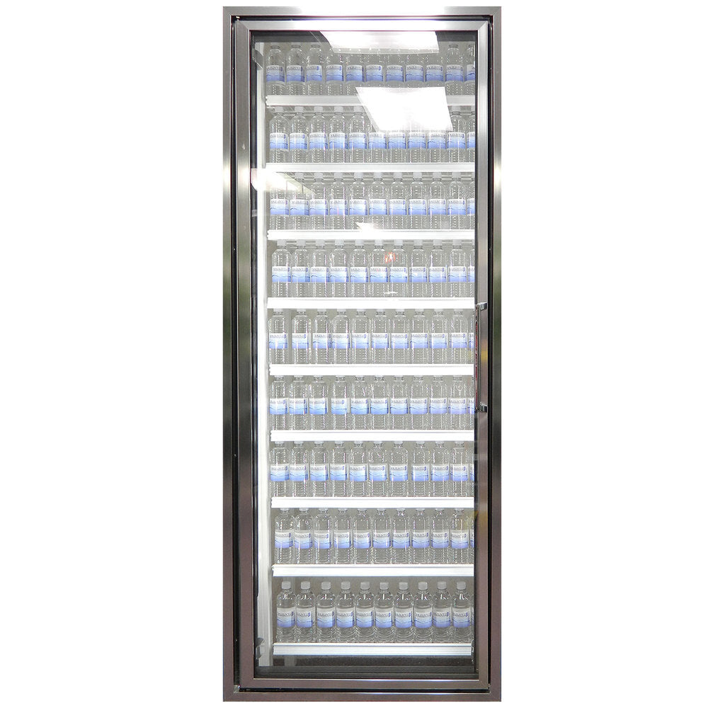 Styleline CL3072-HH Walk-In Merchandiser Doors with Shelving — supplier gallery view 1; A Styleline walk-in cooler door with shelves full of water bottles.