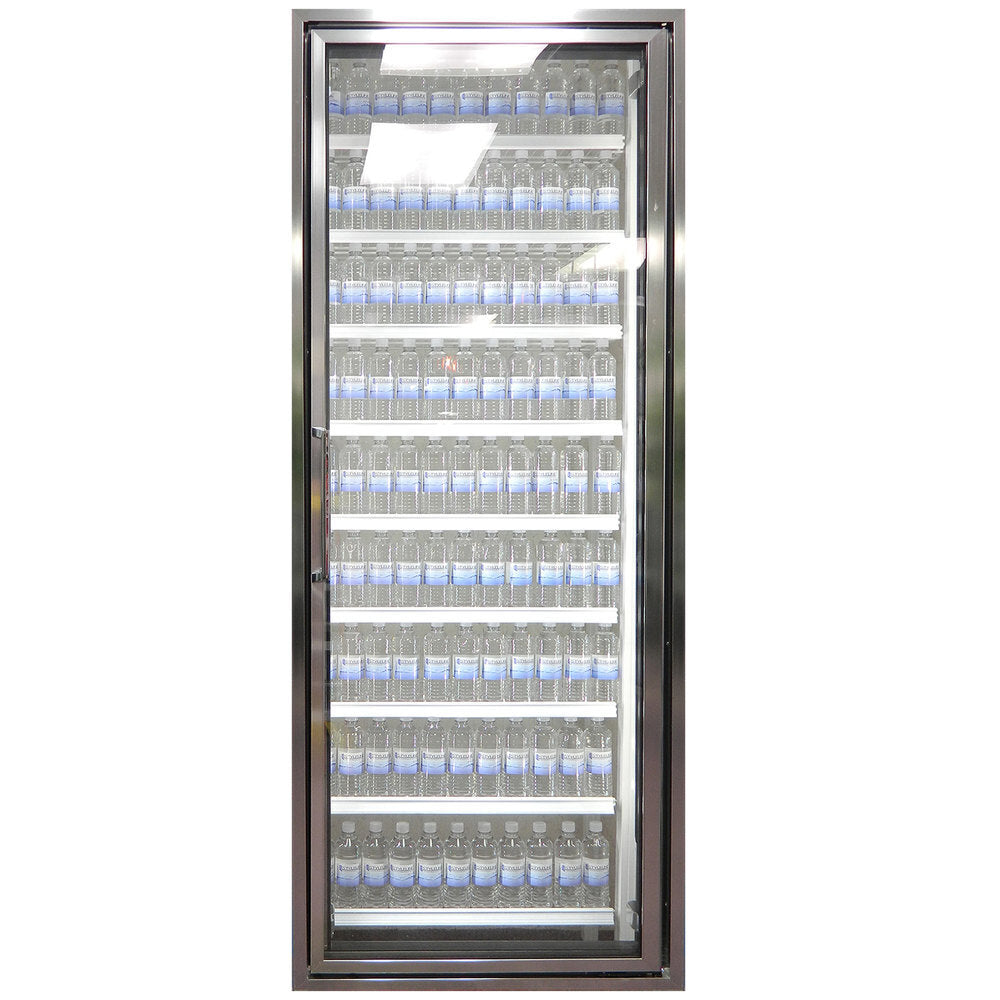 Styleline CL3072-HH Walk-In Merchandiser Doors with Shelving — supplier gallery view 2; A Styleline walk-in cooler door with shelving filled with water bottles.