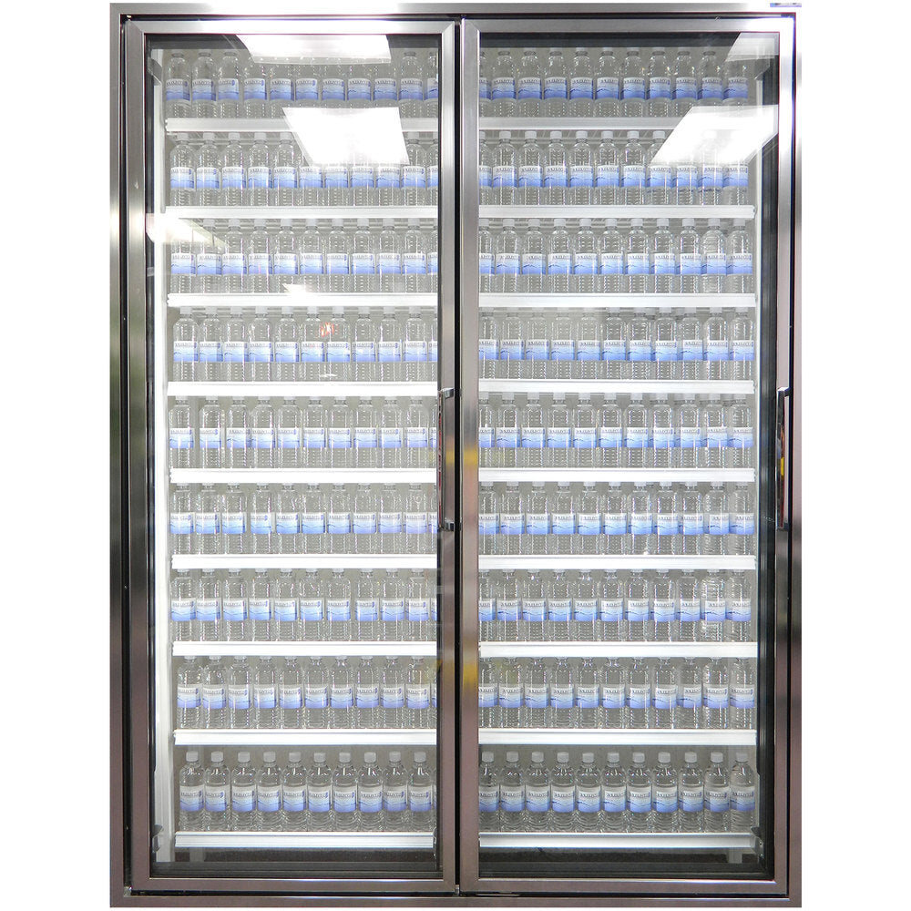 Styleline CL3072-HH Walk-In Merchandiser Doors with Shelving — supplier gallery view 7; A Styleline walk-in cooler glass door with shelving holding bottles of water.