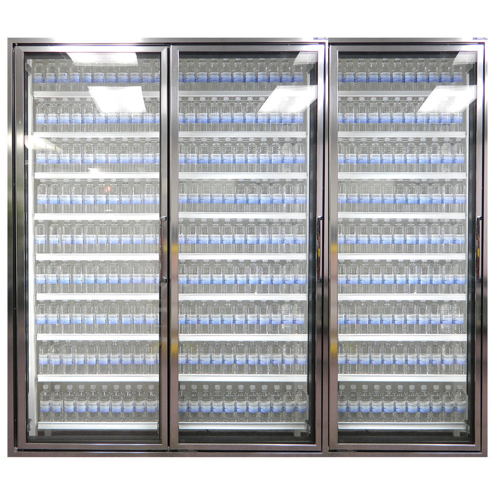 Styleline CL3072-HH Walk-In Merchandiser Doors with Shelving — supplier gallery view 8; Styleline walk-in cooler doors with shelving and three glass doors filled with many blue bottles of water.