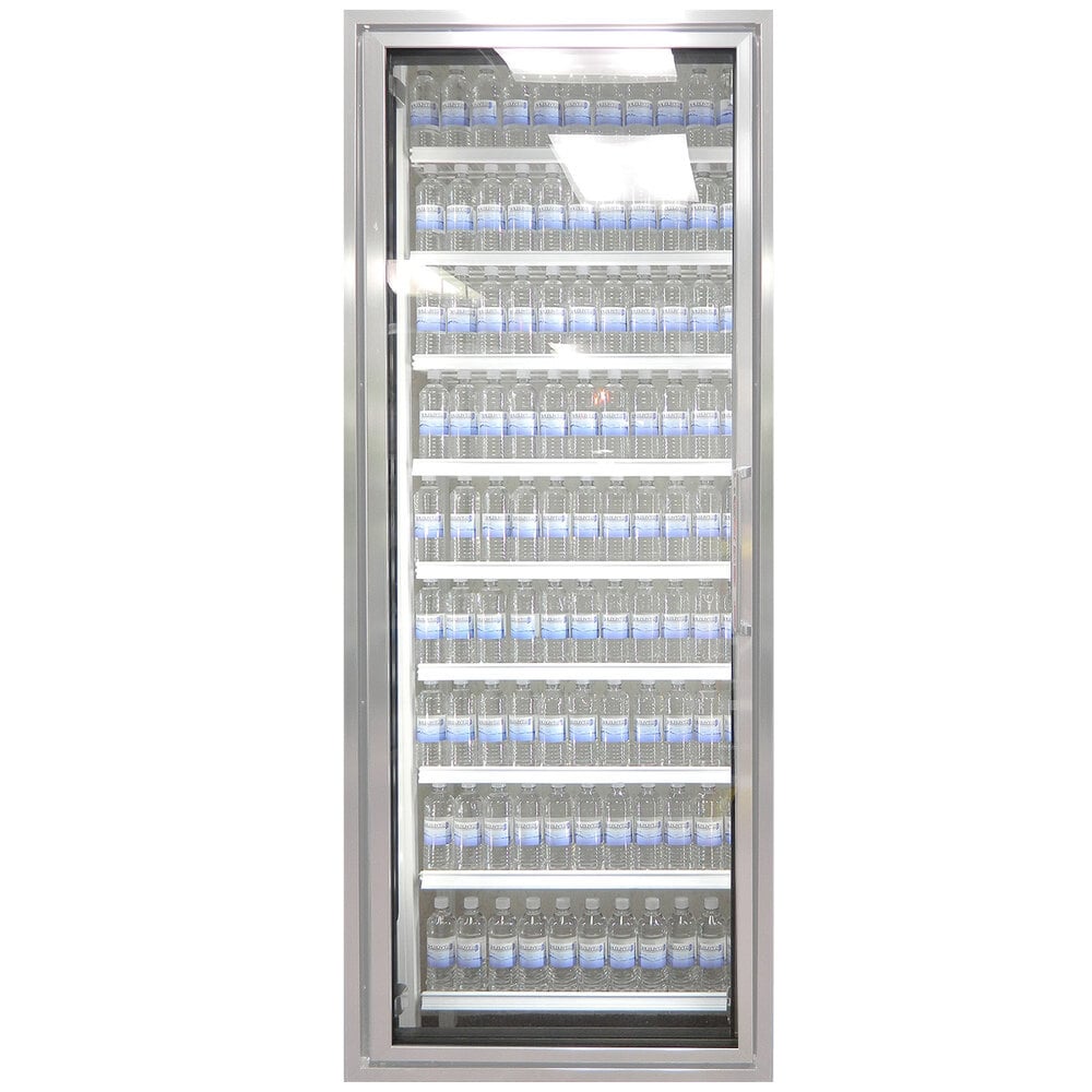 Styleline CL2472-HH Walk-In Merchandiser Doors with Shelving — supplier gallery view 3; A Styleline walk-in cooler door with shelving filled with water bottles.