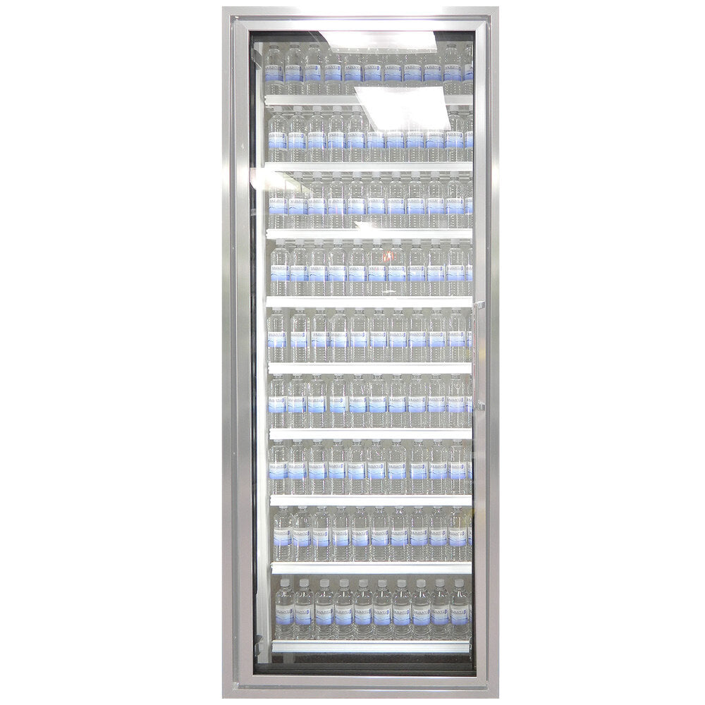Styleline CL3080-HH Walk-In Merchandiser Doors with Shelving — supplier gallery view 3; A Styleline walk-in cooler door with shelving holding water bottles.