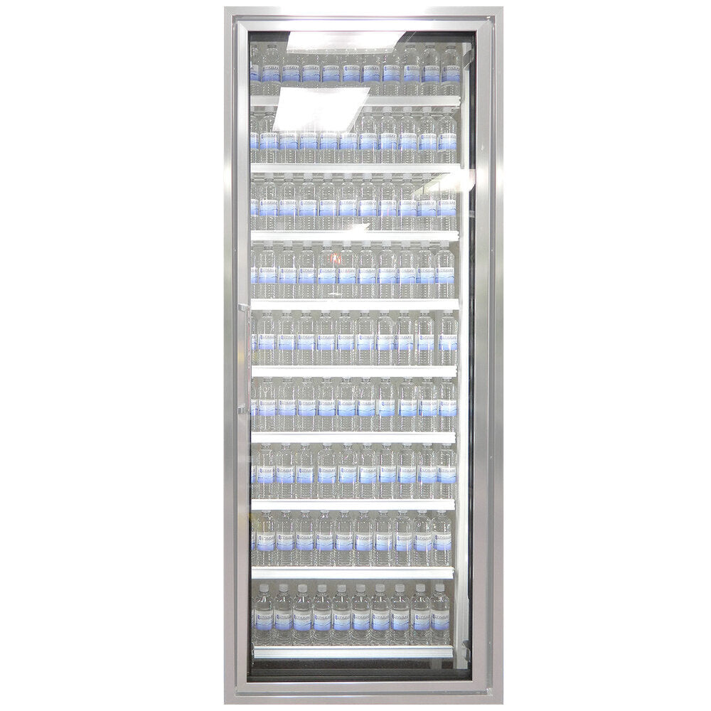 Styleline CL3080-NT Walk-In Merchandiser Doors with Shelving — supplier gallery view 4; A Styleline walk-in cooler glass door with shelving holding water bottles.