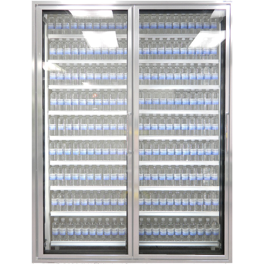 Styleline CL3072-NT Walk-In Merchandiser Doors with Shelving — supplier gallery view 11; A Styleline walk-in cooler glass door with shelving filled with bottles of water.