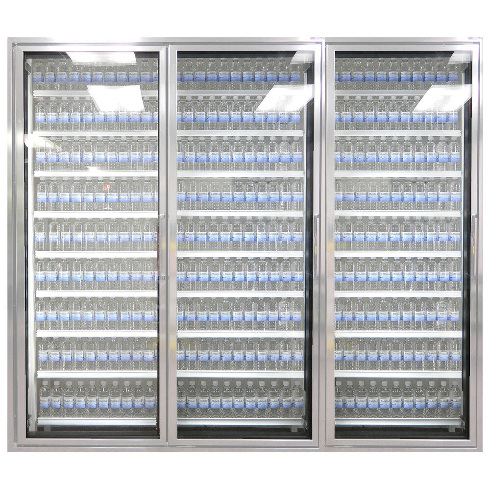Styleline CL3072-NT Walk-In Merchandiser Doors with Shelving — supplier gallery view 12; Styleline walk-in cooler doors with shelving filled with many bottles of water.