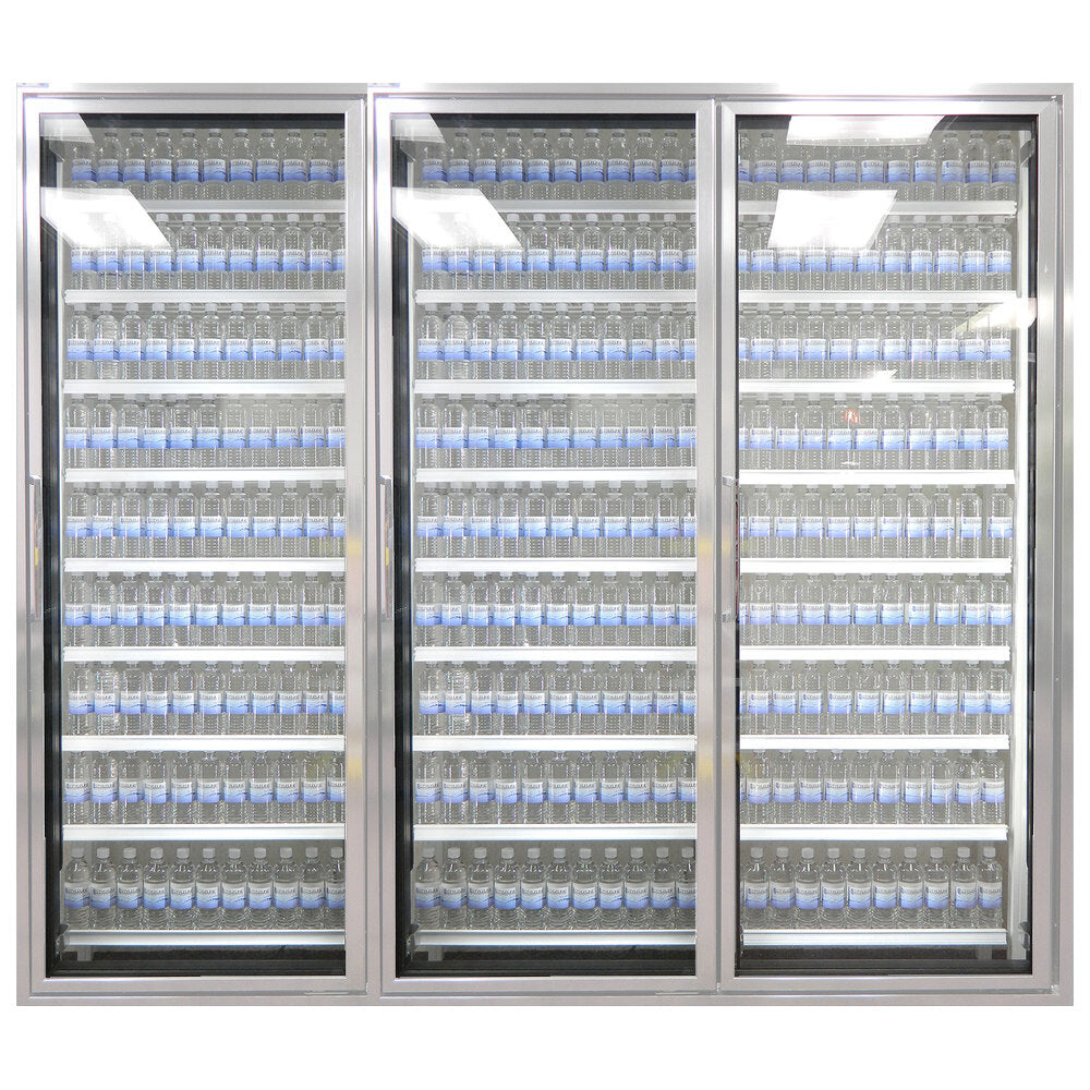Styleline CL2472-NT Walk-In Merchandiser Doors with Shelving — supplier gallery view 12; A Styleline walk-in cooler with shelves of water bottles with blue labels.