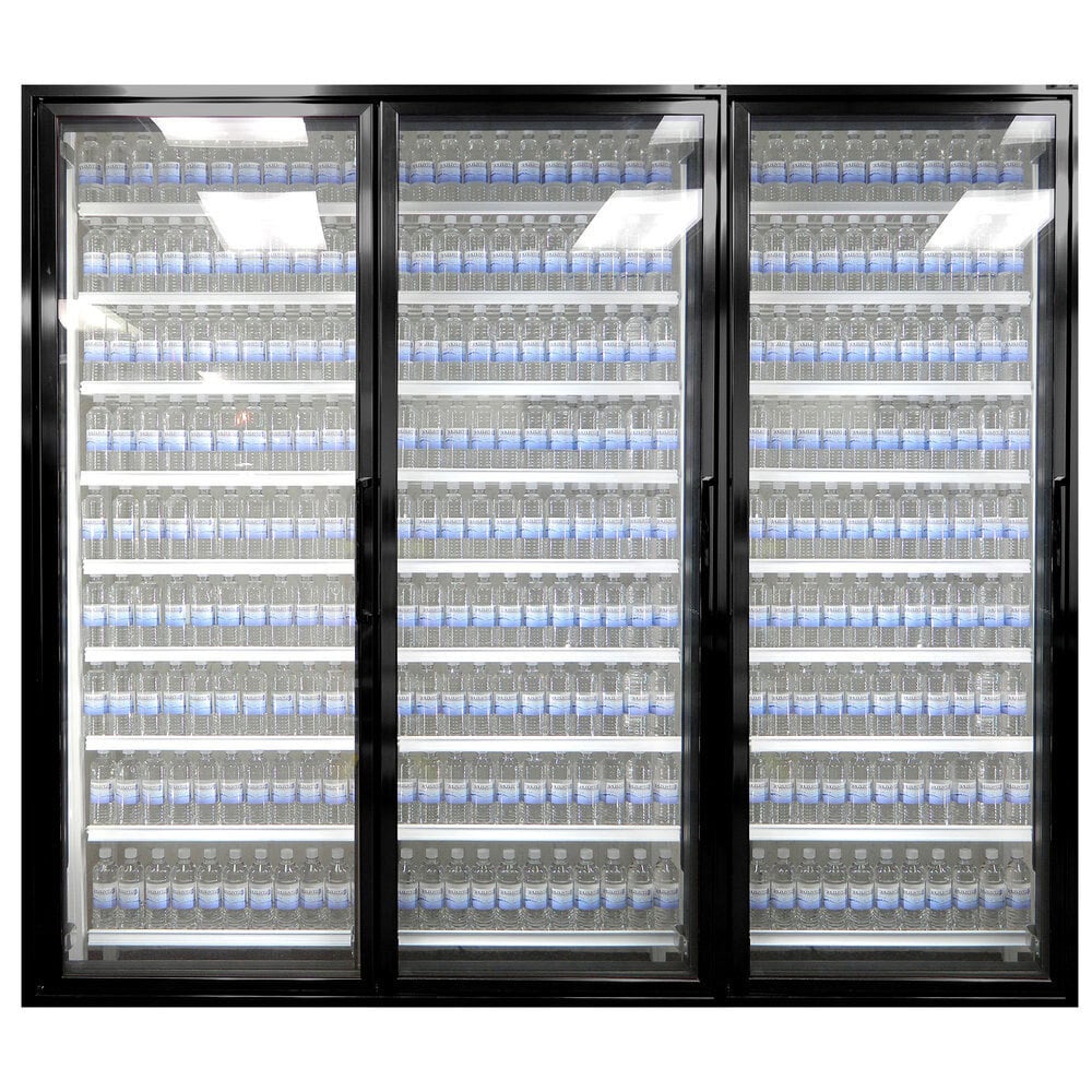 Styleline CL2472-LT Walk-In Merchandiser Doors with Shelving — supplier gallery view 16; A Styleline walk-in freezer merchandiser door with shelving holding three rows of water bottles.