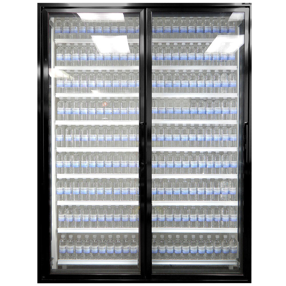 Styleline CL2472-LT Walk-In Merchandiser Doors with Shelving — supplier gallery view 15; A Styleline walk-in freezer with glass doors filled with water bottles.