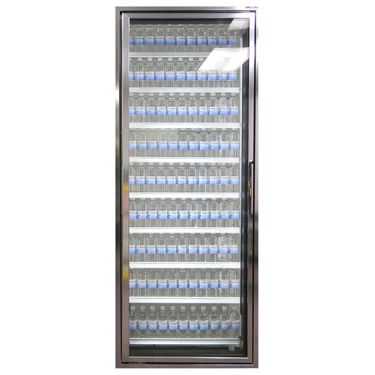 Styleline CL2472-LT Walk-In Merchandiser Doors with Shelving — supplier gallery view 1; A Styleline walk-in freezer merchandiser door with shelves and water bottles inside.