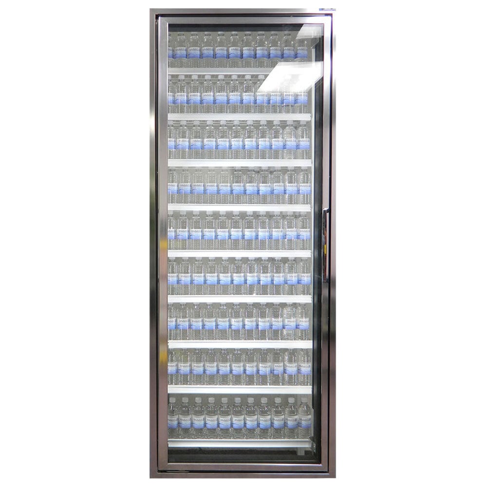 Styleline CL2672-LT Walk-In Merchandiser Doors with Shelving — supplier gallery view 1; A Styleline walk-in freezer merchandiser door with shelving filled with water bottles with blue labels.