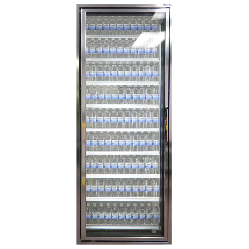 Styleline CL3080-HH Walk-In Merchandiser Doors with Shelving — supplier gallery view 1; A Styleline walk-in cooler door with shelving filled with water bottles.
