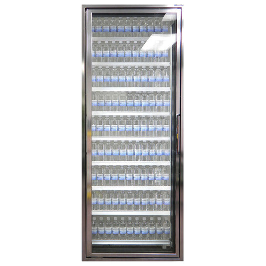 Styleline CL3080-HH Walk-In Merchandiser Doors with Shelving — supplier gallery view 1; A Styleline walk-in cooler door with shelving filled with water bottles.