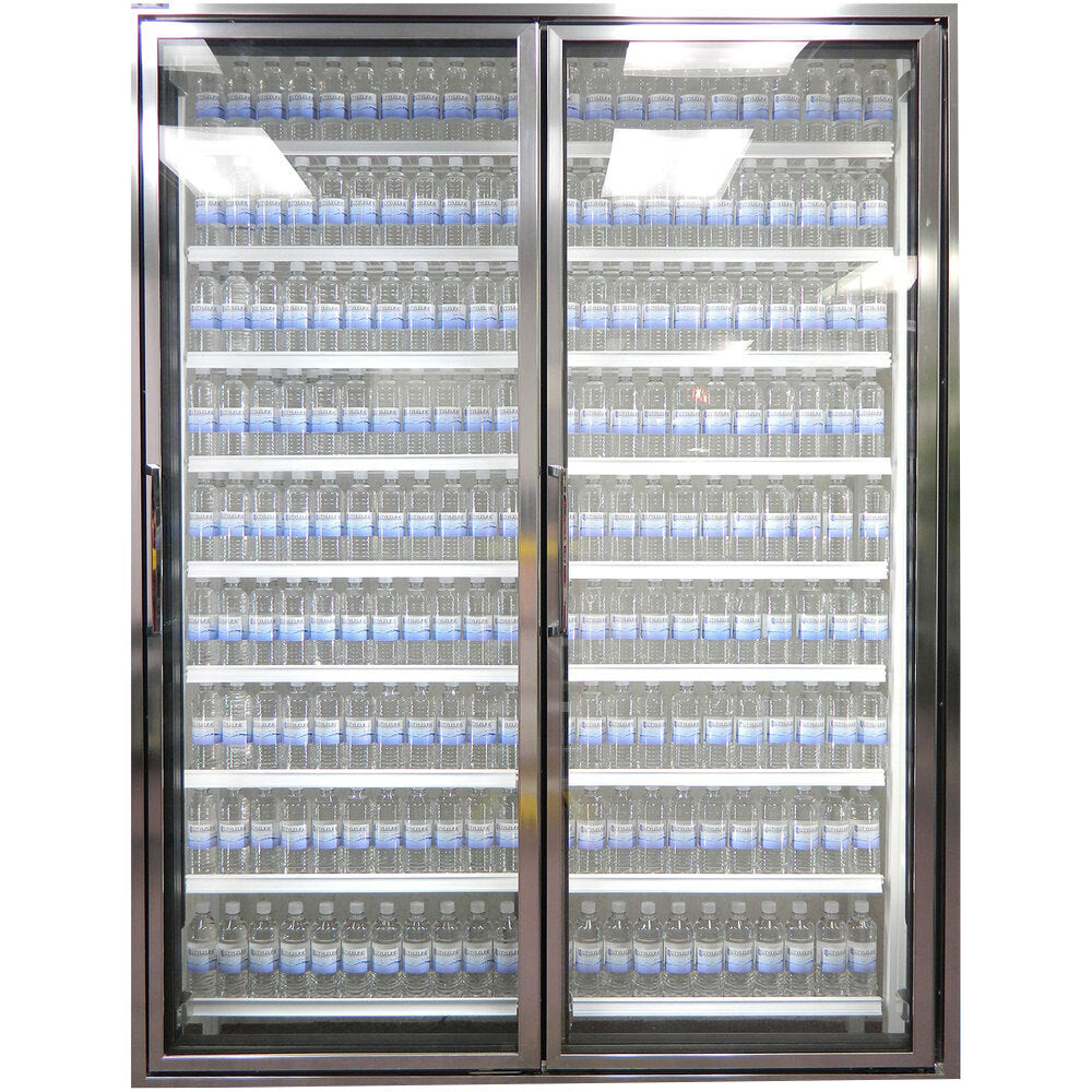 Styleline CL3072-LT Walk-In Merchandiser Doors with Shelving — supplier gallery view 9; A Styleline walk-in freezer door with shelving holding bottles of water.