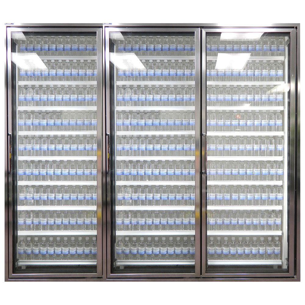 Styleline CL3072-LT Walk-In Merchandiser Doors with Shelving — supplier gallery view 10; Three Styleline Classic Plus glass walk-in freezer doors with shelving inside.
