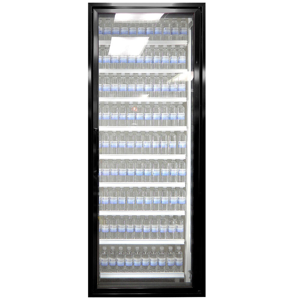 Styleline CL3080-LT Walk-In Merchandiser Doors with Shelving — supplier gallery view 6; A Styleline Classic Plus walk-in freezer door with shelving full of blue water bottles.