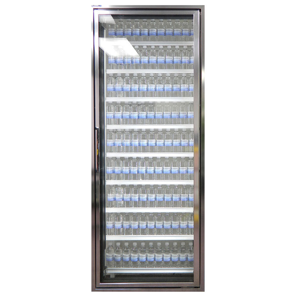 Styleline CL3080-LT Walk-In Merchandiser Doors with Shelving — supplier gallery view 2; A Styleline Classic Plus walk-in freezer door with shelving and a row of small bottles with blue labels inside.