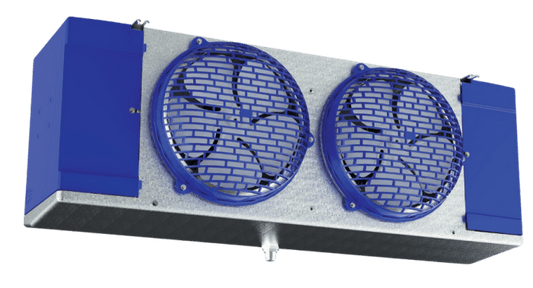 Used Bohn LO-1890C Low Velocity Evaporator — supplier gallery view 1; Commercial refrigeration evaporator unit with two blue fan guards and silver housing