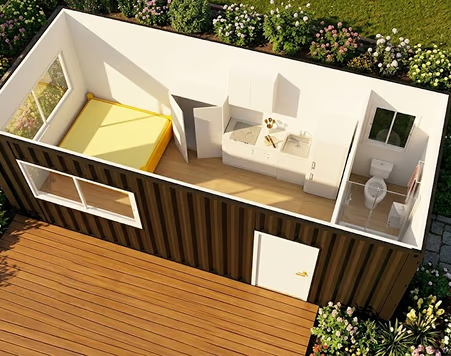 The Tiny — 6m High Cube Studio Home with Roof, Deck & Foundations — supplier gallery view 3; Cutaway 3D floor plan of The Tiny's studio layout