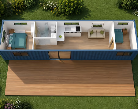 The Den — 12m Container Home with Roof, Deck & Foundations — supplier gallery view 4; Cutaway 3D floor plan of The Den's single-container layout