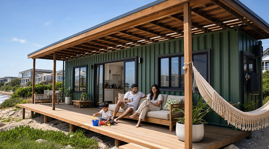 The Den — 12m Container Home with Roof, Deck & Foundations — supplier gallery view 1; Styled render of The Den with a family on its covered coastal deck