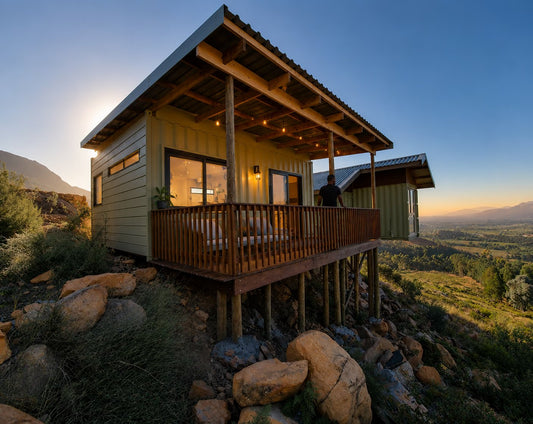 The Studio — Double 6m Container Home with Roof, Deck & Foundations — supplier gallery view 1; Styled render of The Studio on a rocky hillside at golden hour, with its raised deck