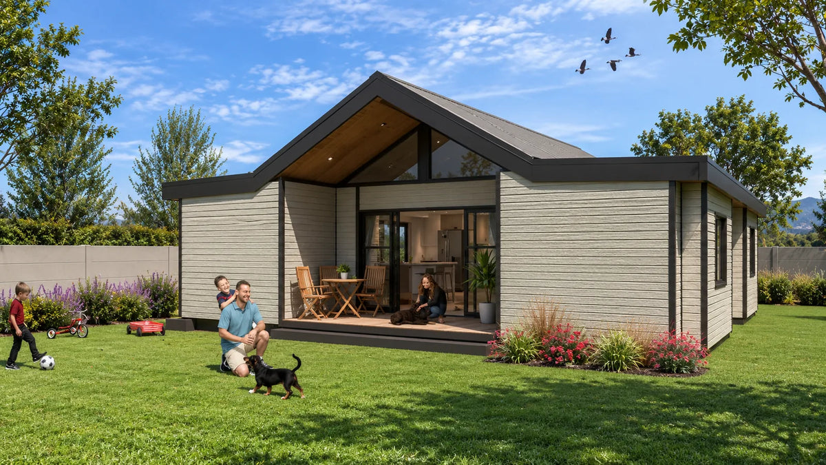 104m² 3-Bedroom Container House — Insulated Standard Configuration — supplier gallery view 1; Exterior of the three-bedroom container home, noted as an artist's impression.