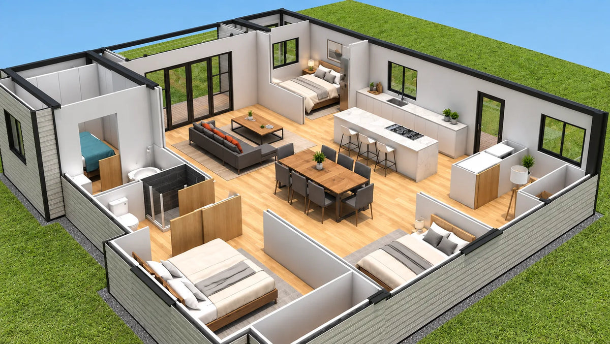 104m² 3-Bedroom Container House — Insulated Standard Configuration — supplier gallery view 2; Cutaway layout view showing the three-bedroom, two-bathroom arrangement with open-plan living, dining and kitchen.