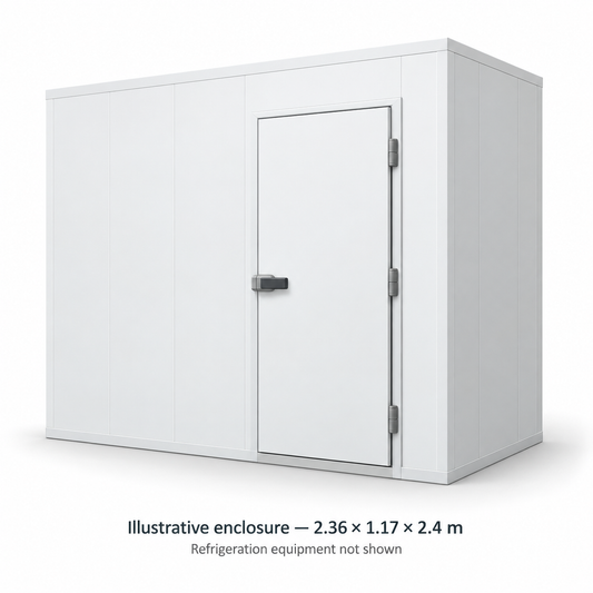 Illustrative enclosure — 2.36 × 1.17 × 2.4m; refrigeration equipment not shown